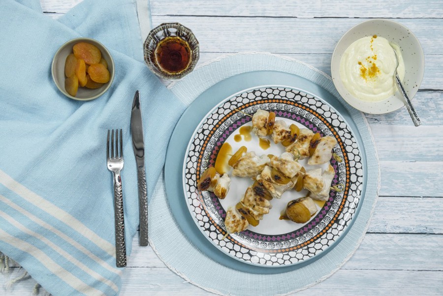 Chicken and apricot skewers