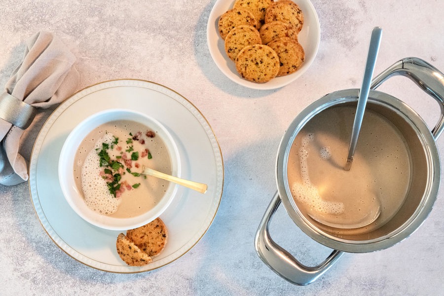 Chestnut soup with morel sablés