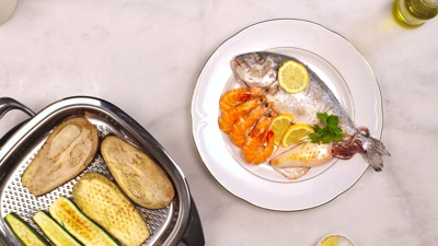 Image of the recipe Peixe, camarões e legumes grelhados