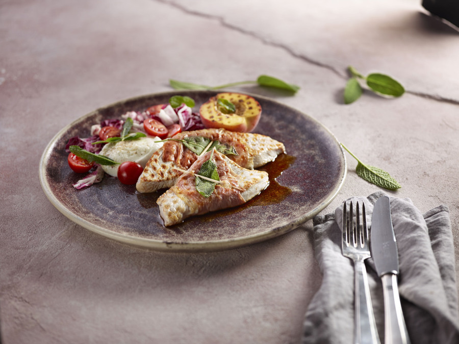 Turkey saltimbocca with grilled peaches