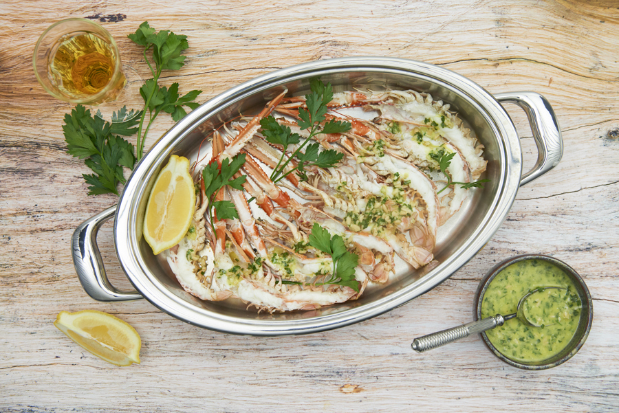 Langoustines with garlic parsley oil