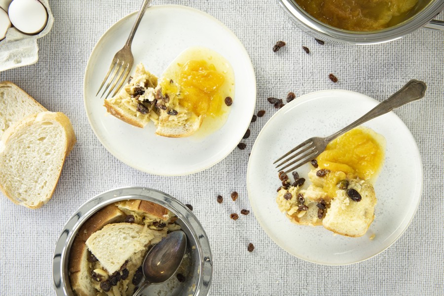 Bread pudding with apricot compote