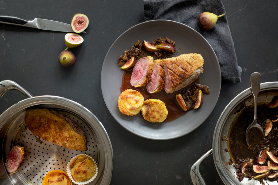 Duck breast with potato gratin and fig sauce
