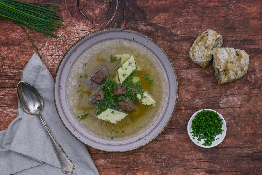 Nourishing beef broth with semolina dumplings