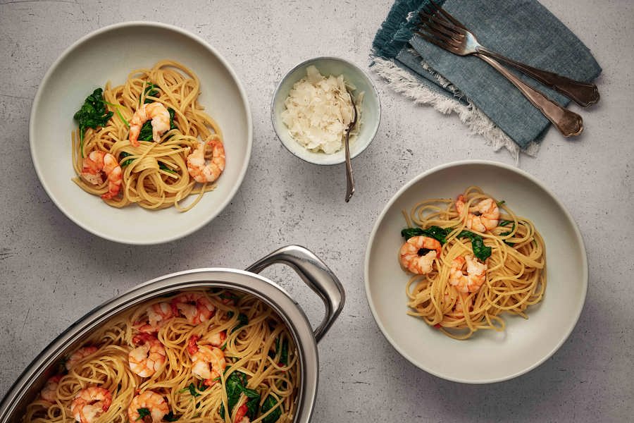 Spaghetti met garnalen en spinazie