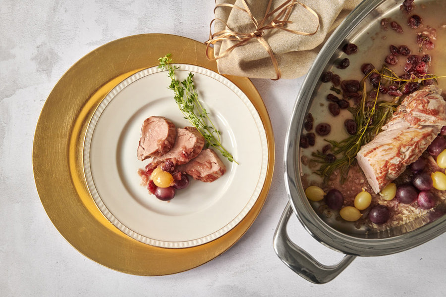 Filetto di maiale arrosto con vino bianco e uva