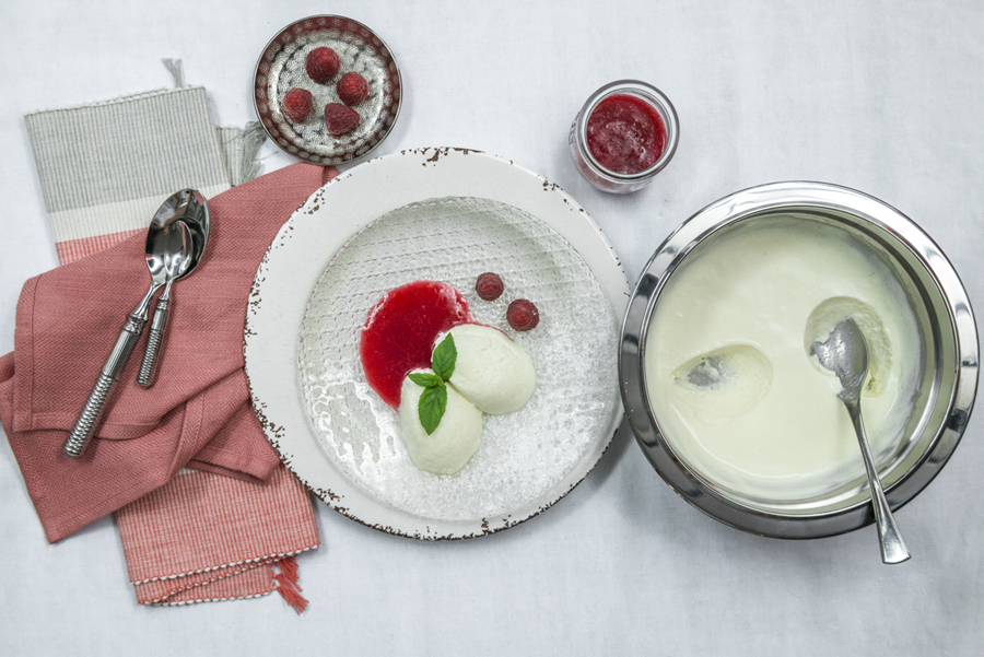 Elderflower and buttermilk dessert with raspberry puree