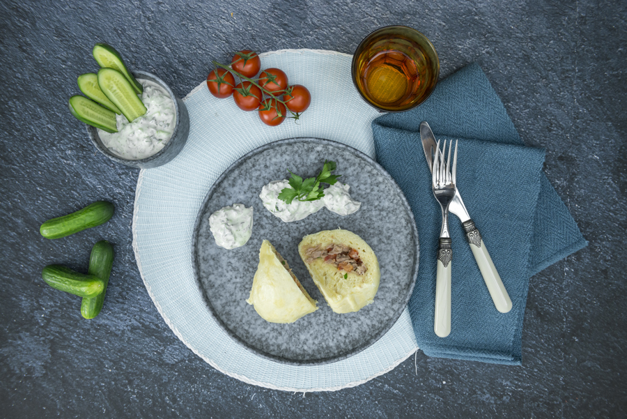 Tuna dumplings with yogurt dip