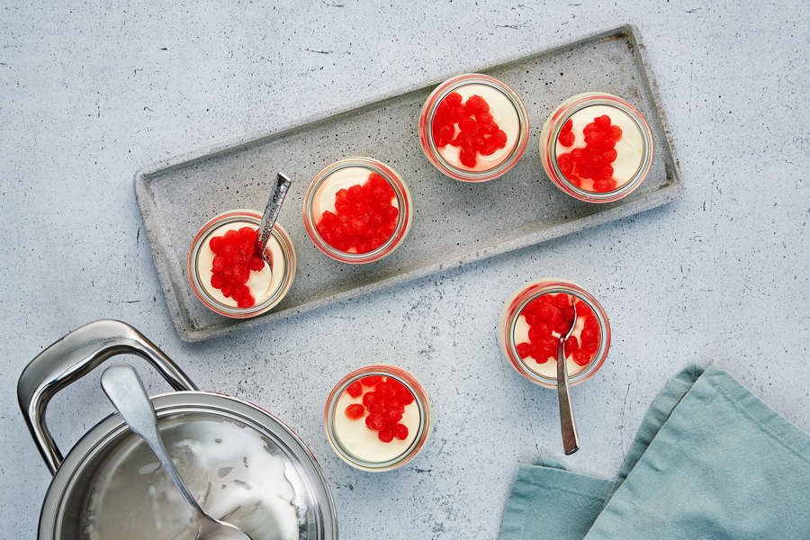 Coconut mousse with melon pearls