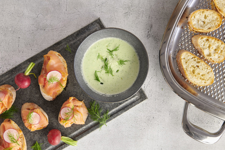 Cold cucumber soup with salmon crostini