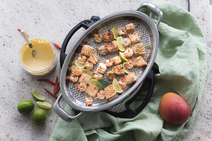 Salmon and shrimp skewers in a lime marinade