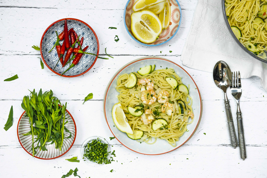 Zitronenspaghetti mit Garnelen