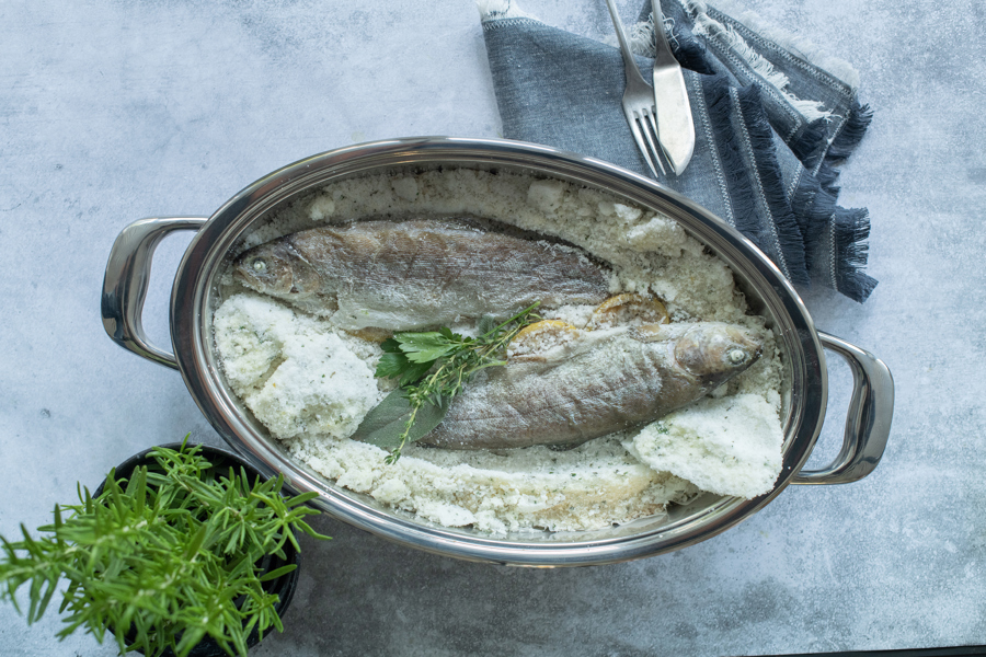 Salt-crusted trout