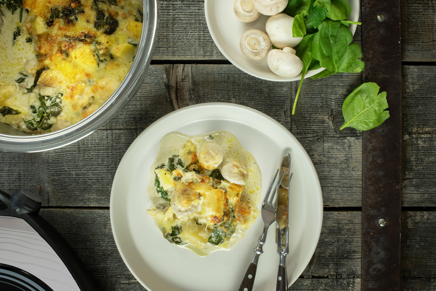 Gratiniertes Champignon-Spinat-Ragout mit Kartoffeln