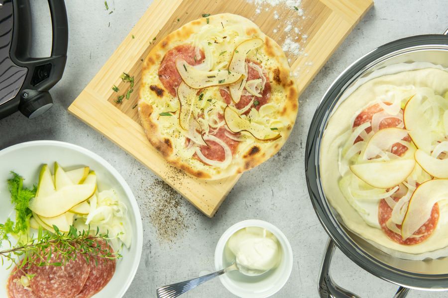 Tarte flambée with fennel, pear, and salami