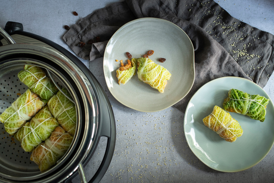 Savoy cabbage rolls with couscous filling