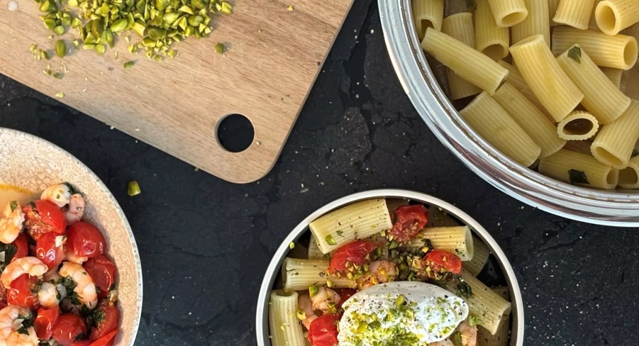 Massa com camarão, burrata e pistáchio