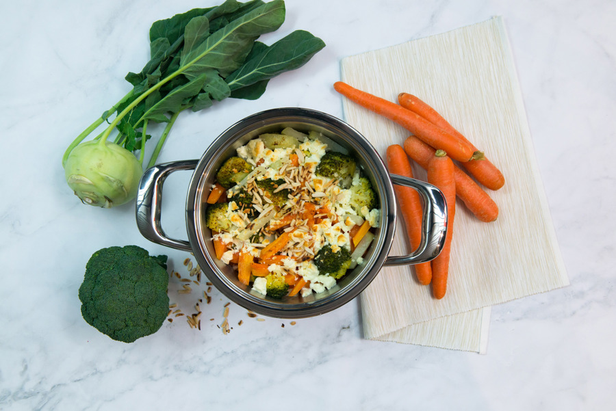 Seasonal vegetables au gratin with feta